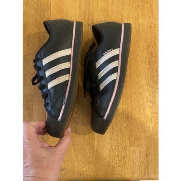 ADIDAS Womens Sz 9.5  Black Gold Stripes pink trim Cloudfoam Low Top Sneakers - Picture 6 of 10